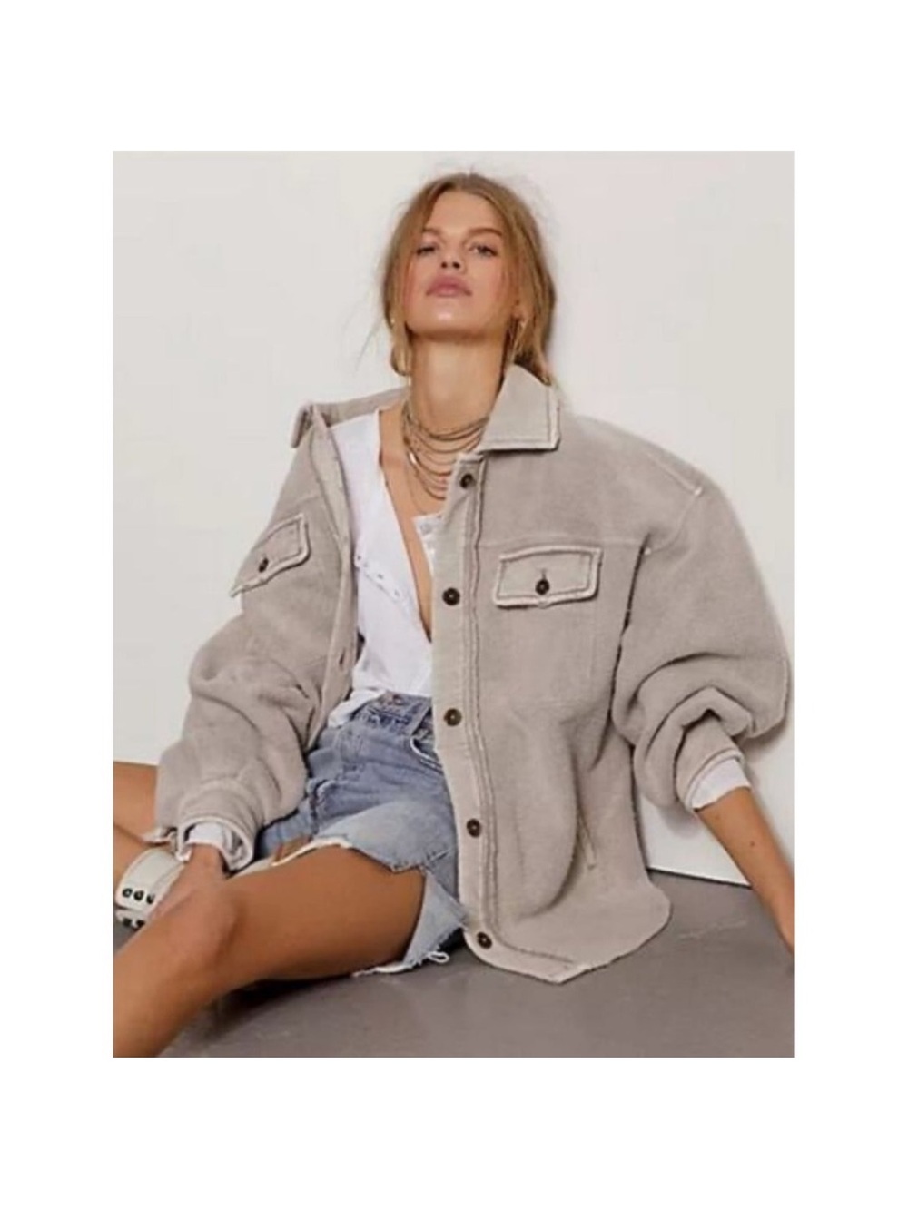 Free People Ruby Oversized Shacket Jacket Grey Taupe Small
